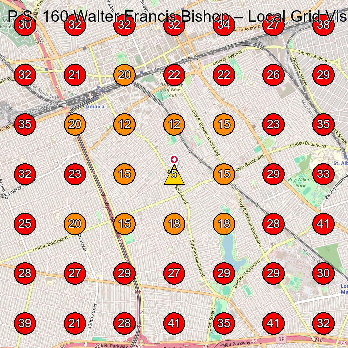 P.S. 160 Walter Francis Bishop GeoGrid visibility map for Preschool in Jamaica